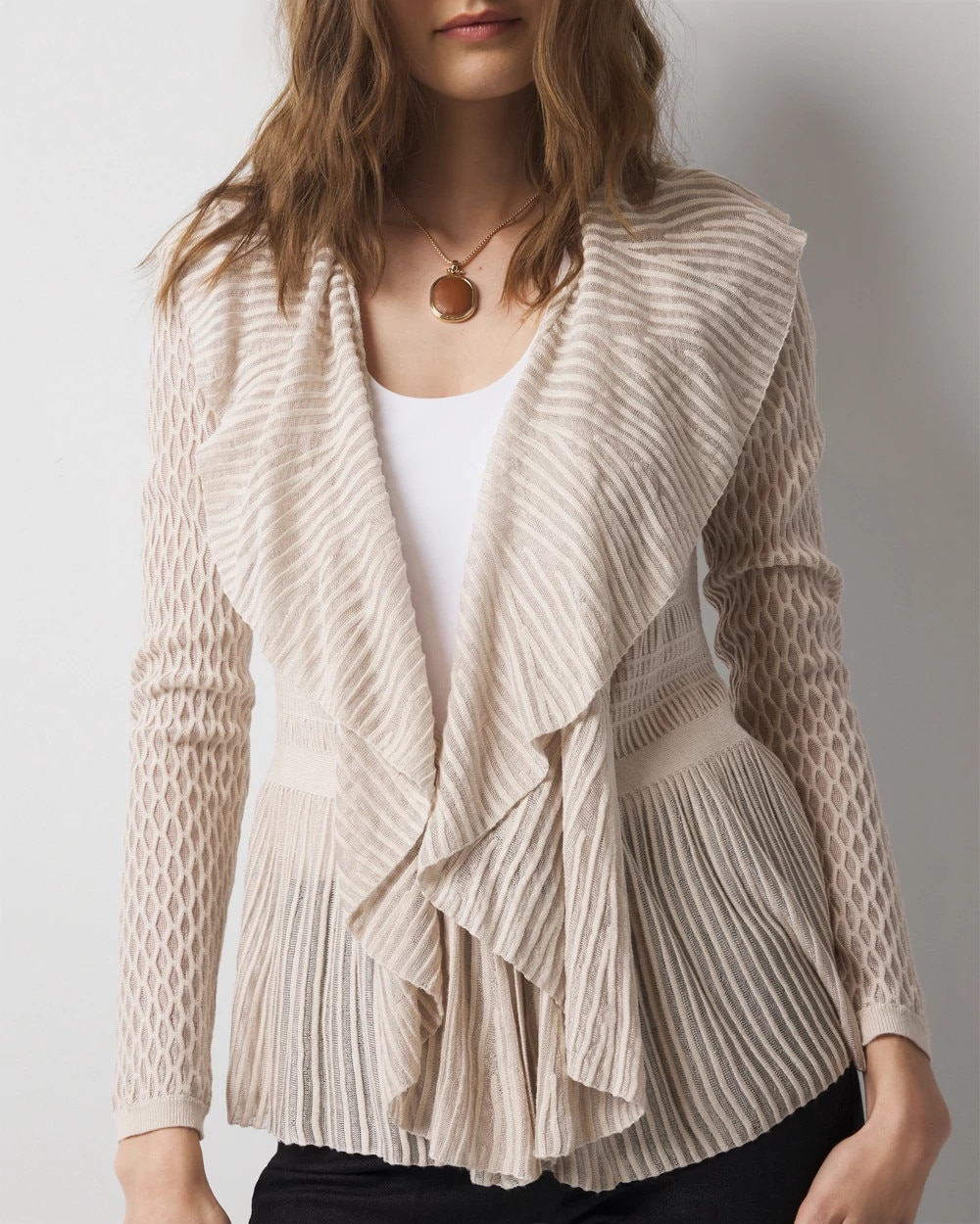 Petite Long Sleeve Pointelle Peplum Cardigan