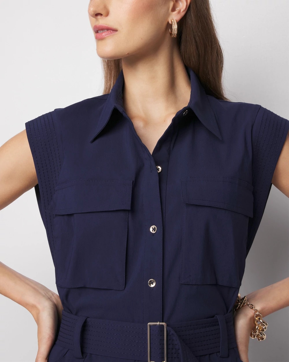 Petite Cap-Sleeve Utility Mini Shirt Dress