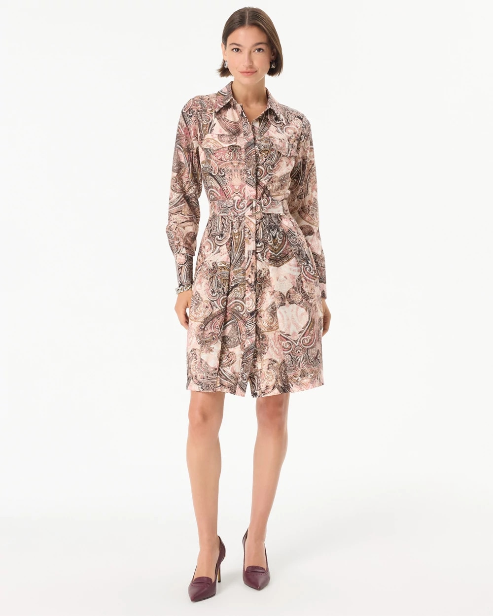 Women's Petite Belted Button Front Shirt Dress in Paisley Cultr Antique Wht size 0 | White House Black Market
