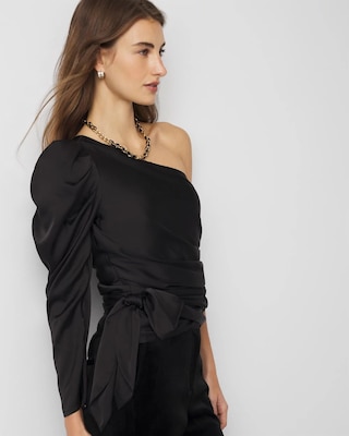 One-Shoulder Tie-Waist Satin Blouse