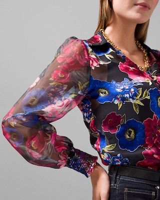 Organza Sleeve Silk Burnout Blouse