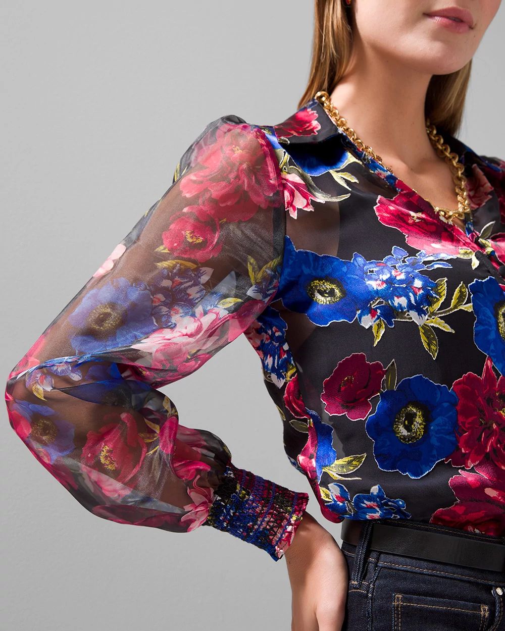Organza Sleeve Silk Burnout Blouse