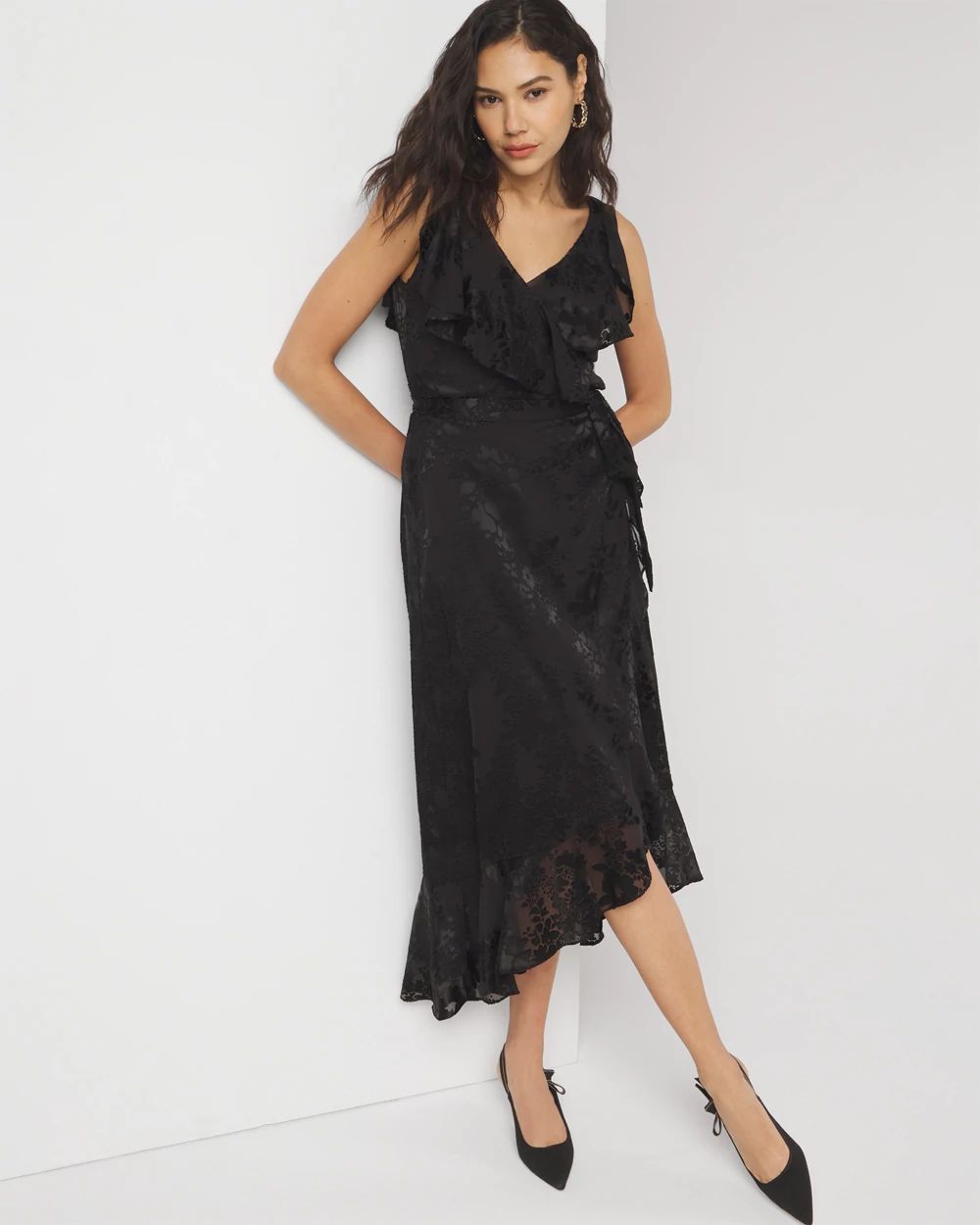 Petite Short Sleeve Flutter Burnout Wrap Midi Dress click to view larger image.