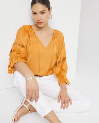 Elbow-Sleeve Embroidered Detail Blouse