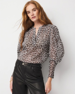 Leopard Jacquard Pleat Sleeve Blouse