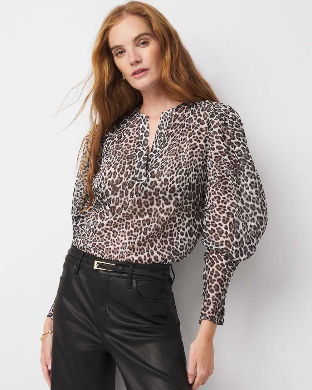 Petite Leopard Jacquard Pleat Sleeve Blouse