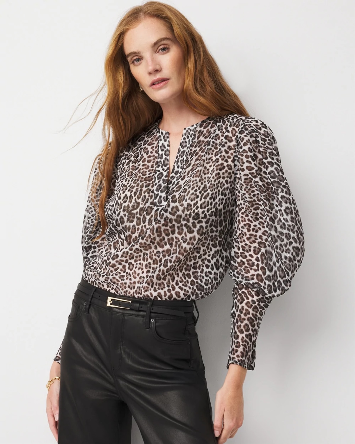 White House Black Market Petite Leopard Jacquard Pleat Sleeve Blouse