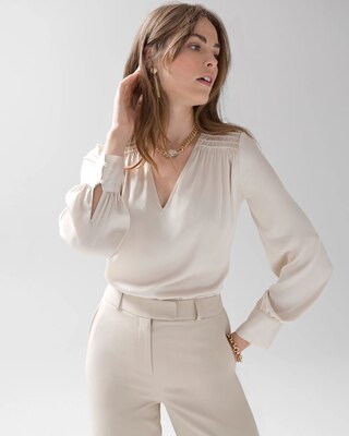 Smocked Shoulder Satin Blouse