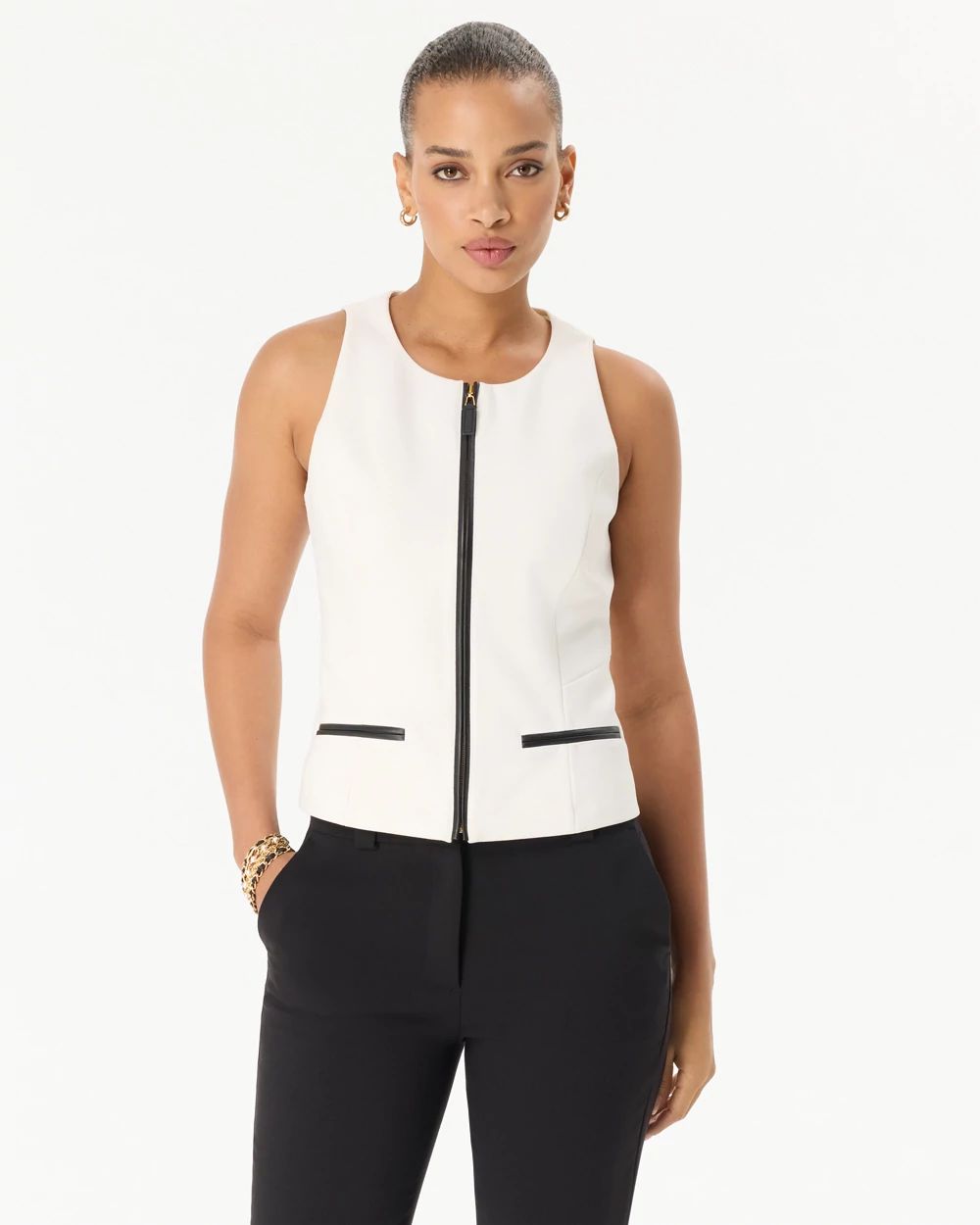 Faux Leather Trim Crepe Vest