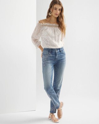 Mid-Rise Everyday Soft Embroidered Girlfriend Jeans click to view larger image.