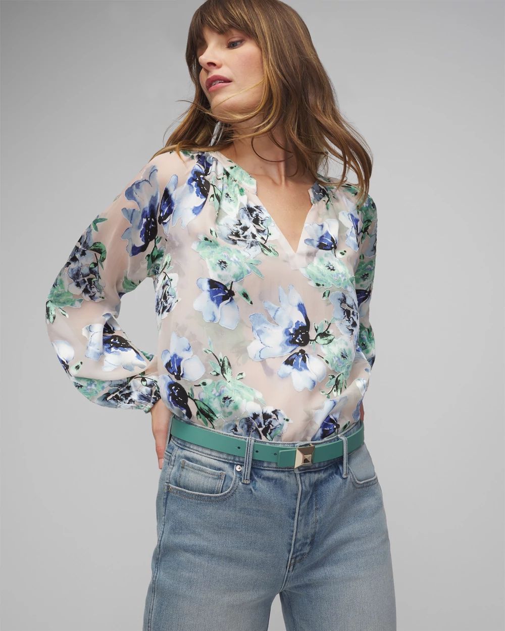 Long Sleeve Floral Silk Burnout Blouse click to view larger image.