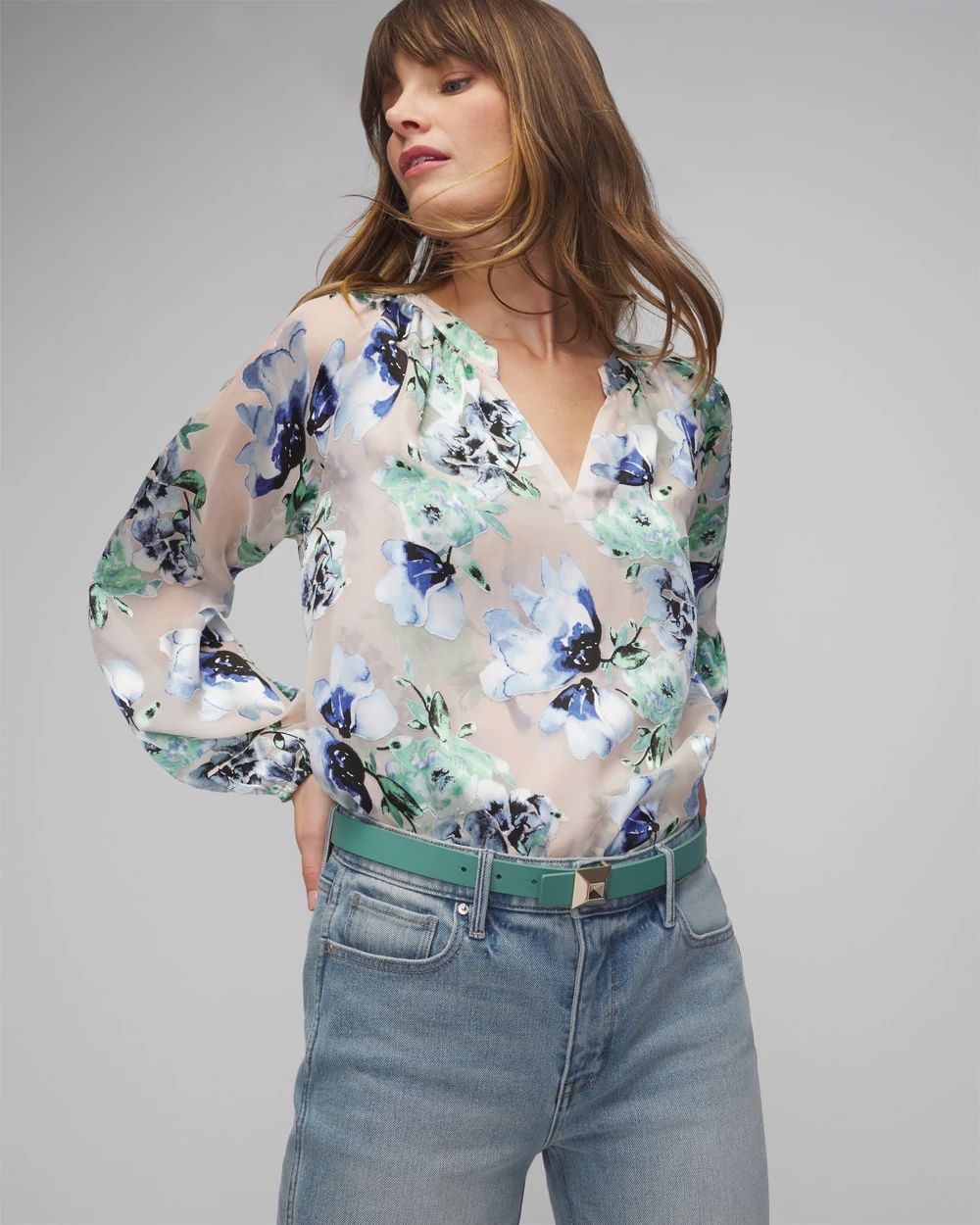 Long Sleeve Floral Silk Burnout Blouse