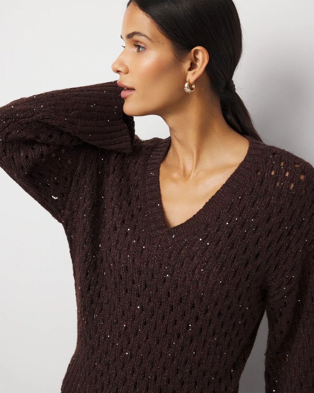 V-Neck Open Stitch Sequin Sweater