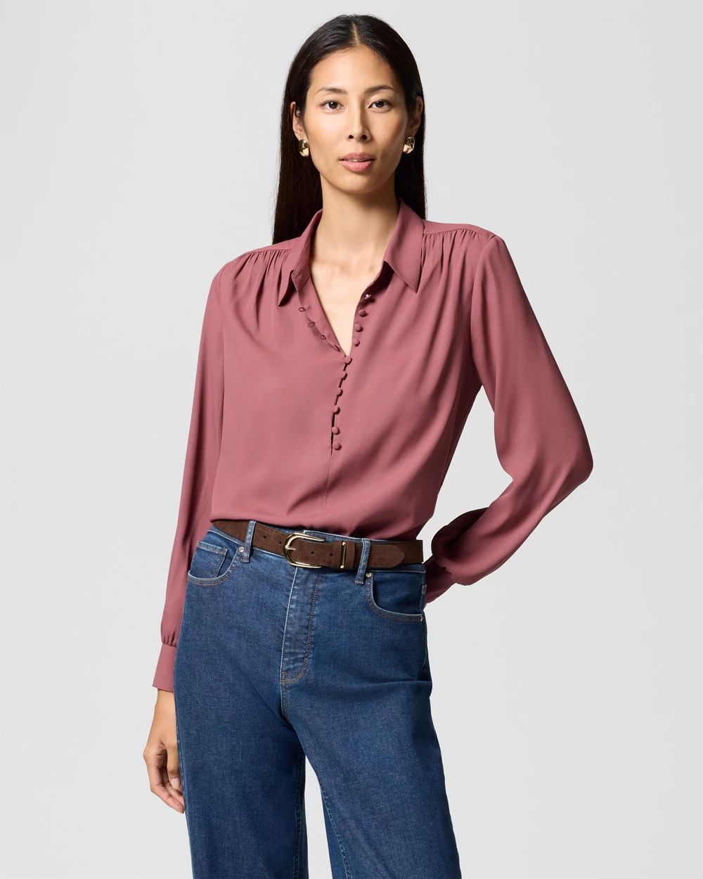 Crepe Long Sleeve Collared Blouse