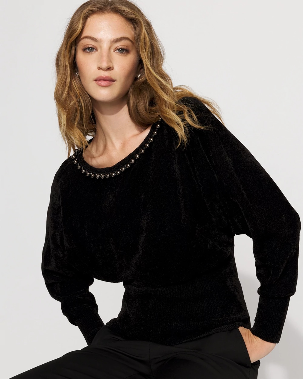 White House Black Market Petite Embellished Dolman Chenille Sweater In Black