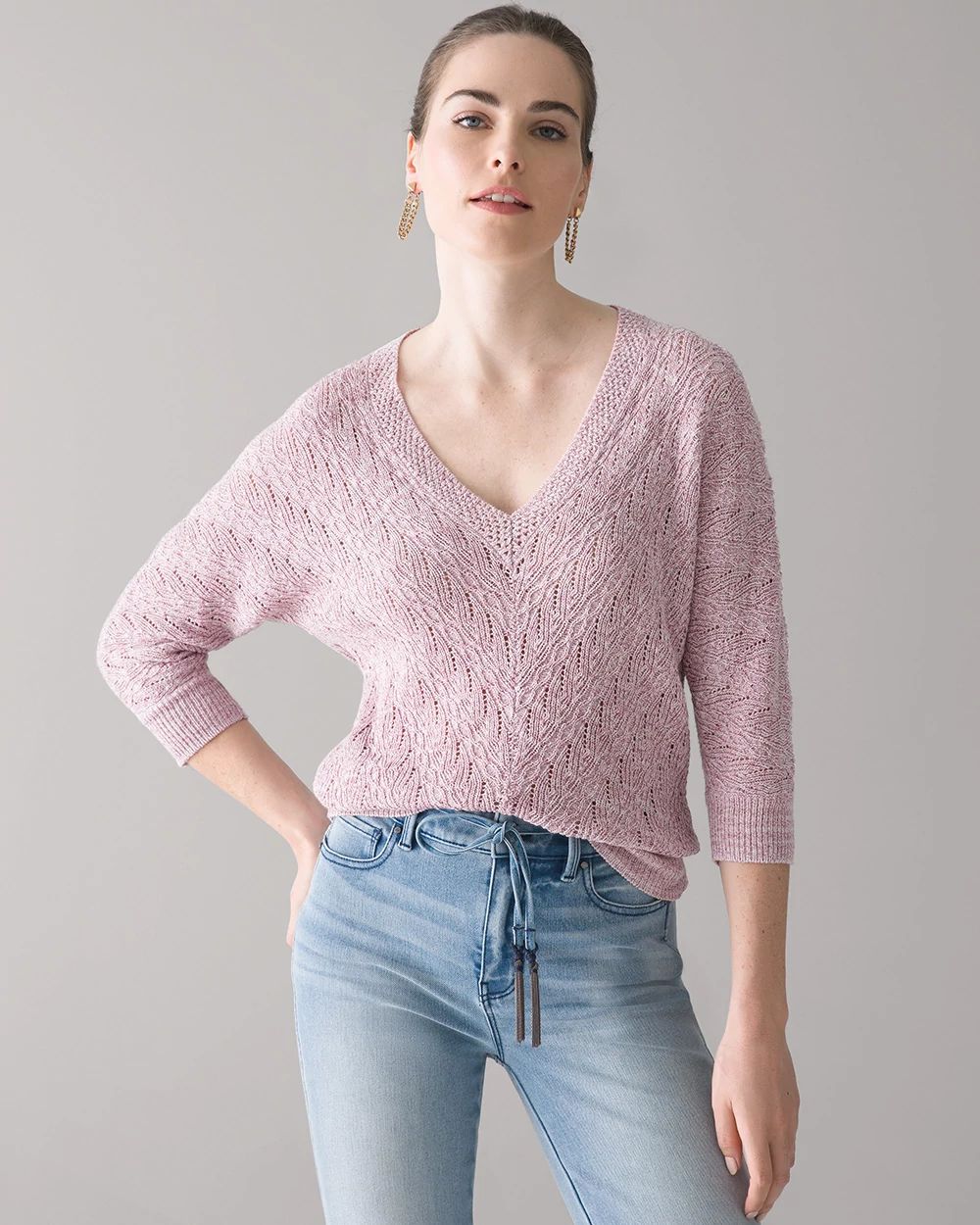 ¾ Sleeve Cable Knit Pullover