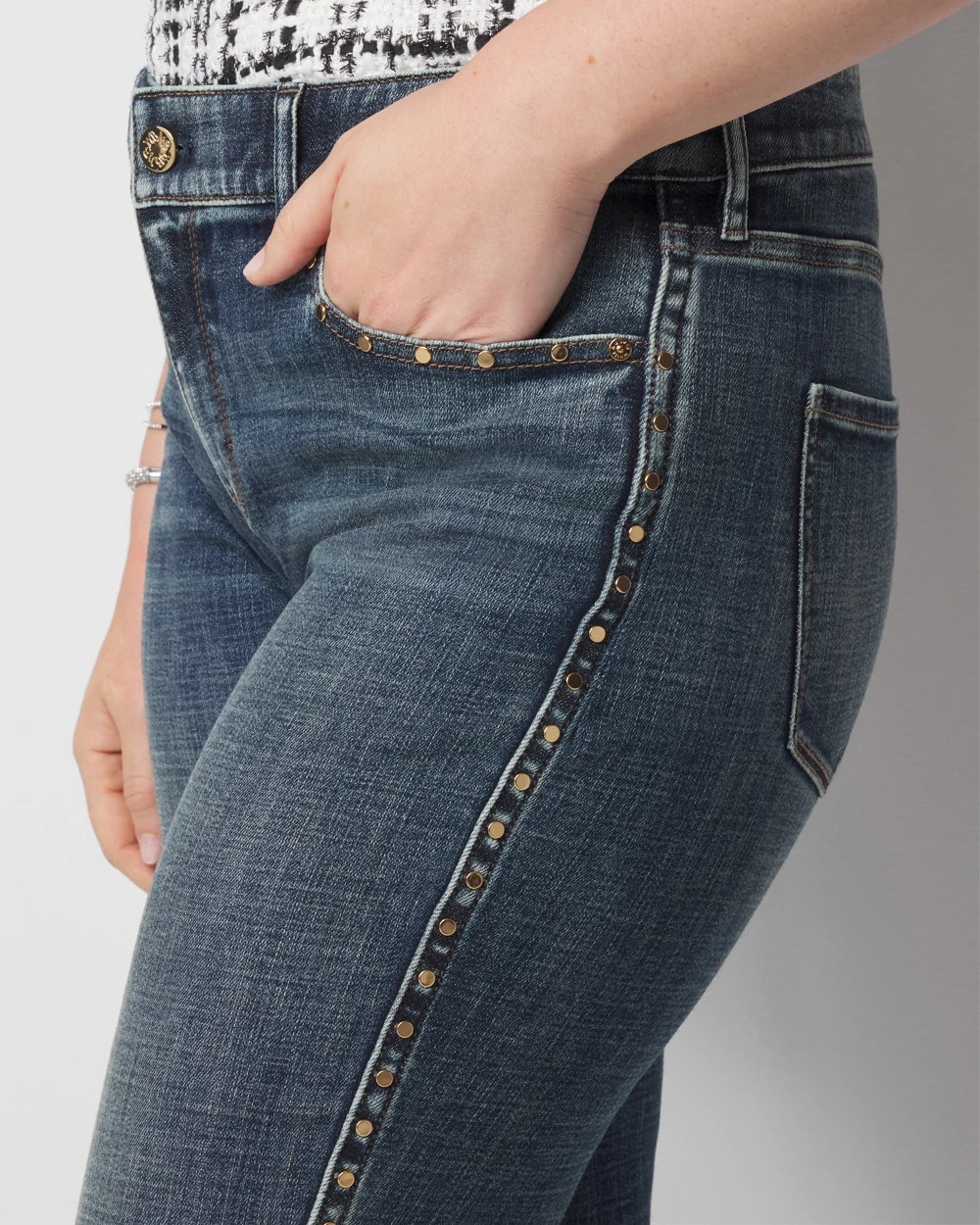 Petite Mid-Rise Everyday Soft Denim Studded Girlfriend Jeans