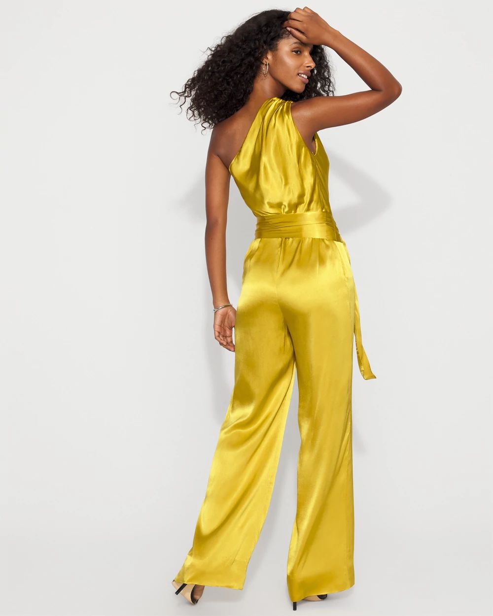 One-Shoulder Satin Belted Jumpsuit