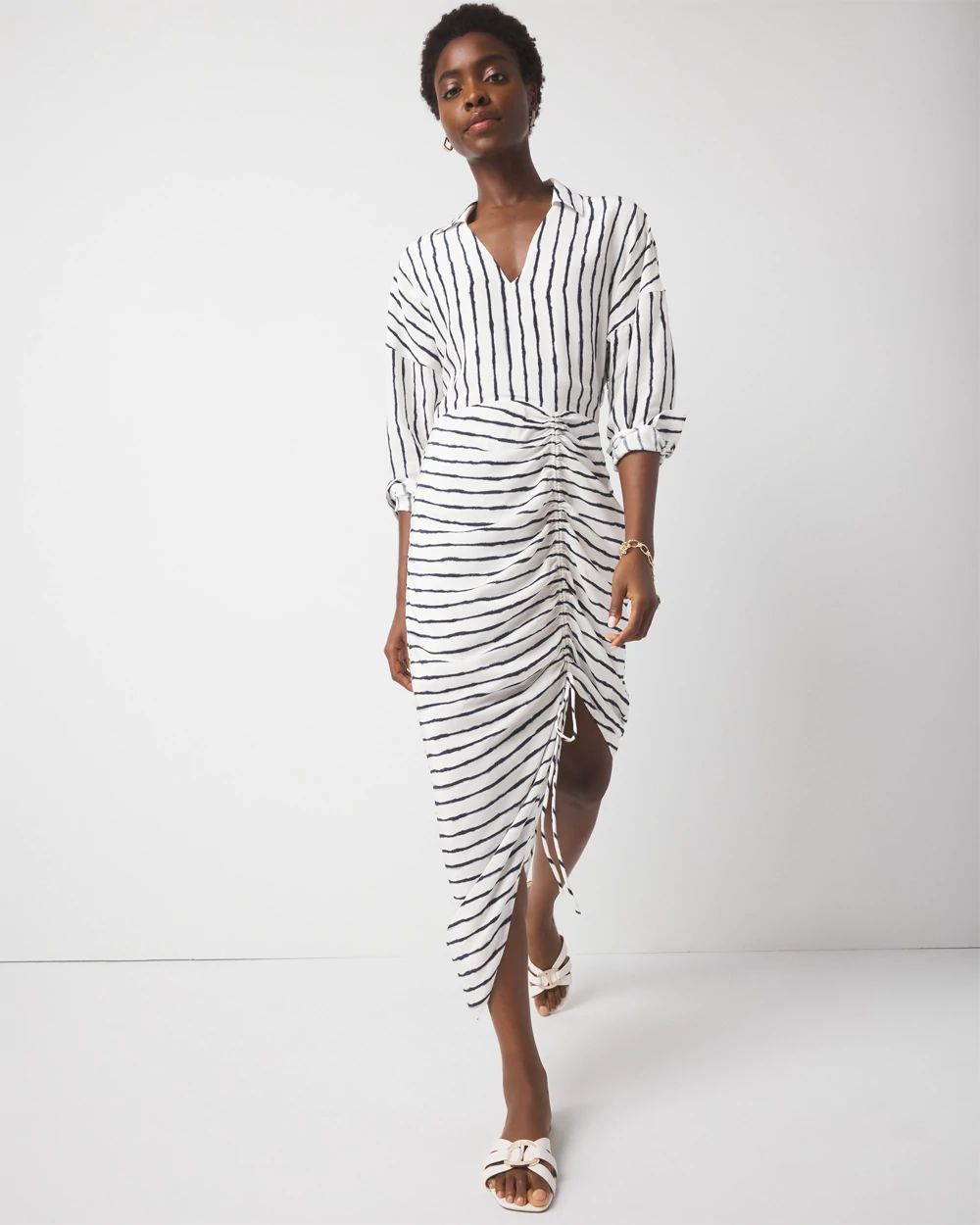 Ruched Crepe Midi Shirt Dress