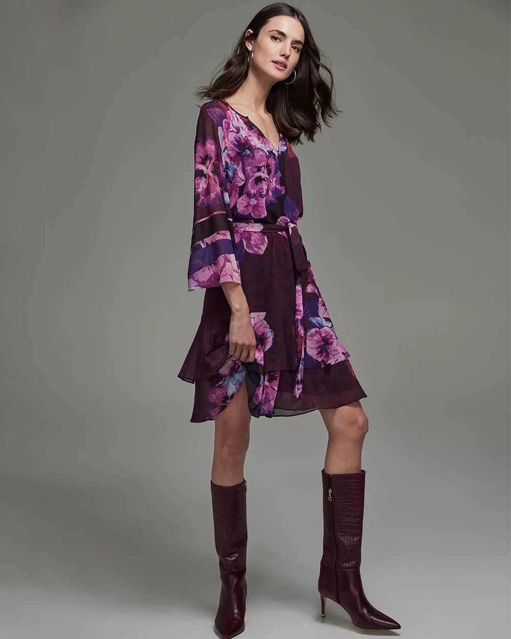 3/4 Sleeve Ruffle Blouson Dress