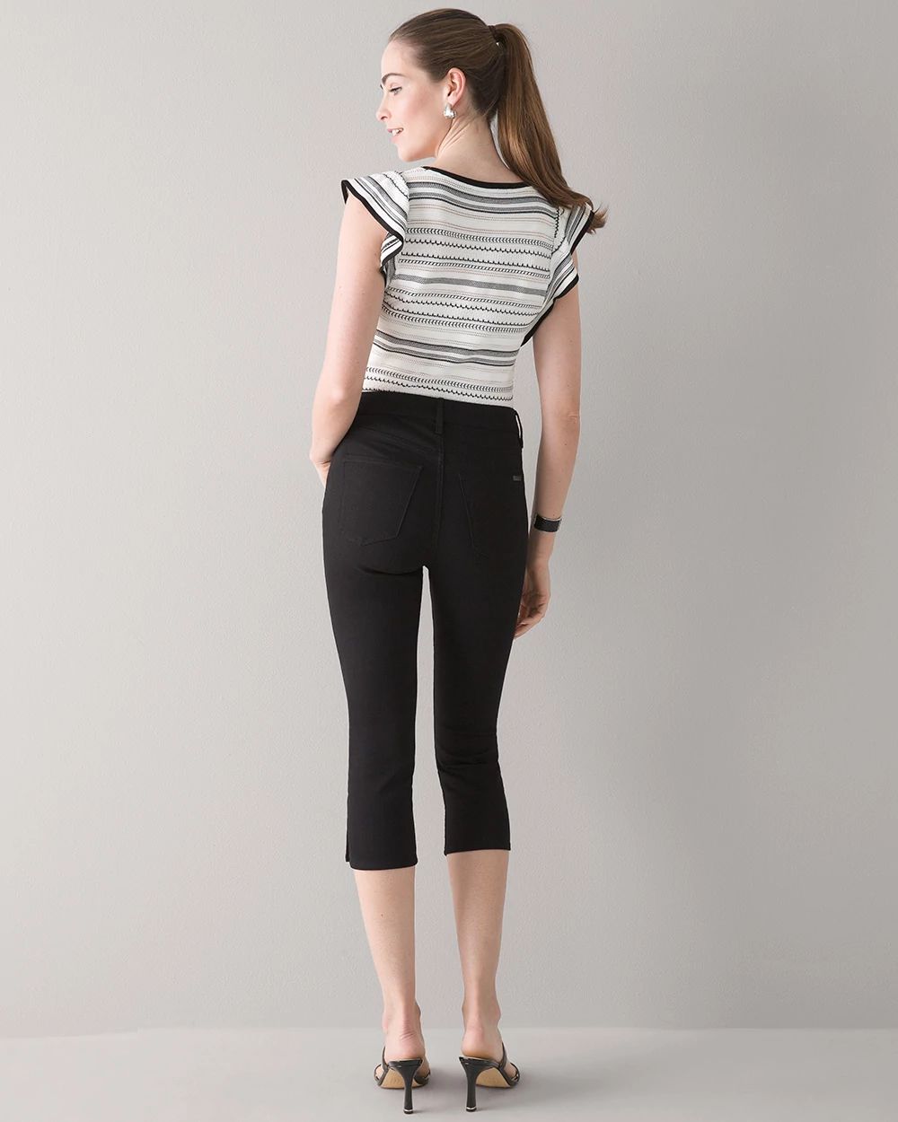High-Rise Button Hem Black Slim Capri Jeans