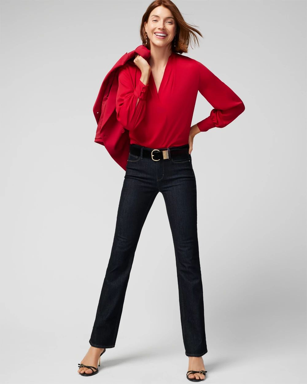 Long Sleeve Pleat V-Neck Blouse click to view larger image.
