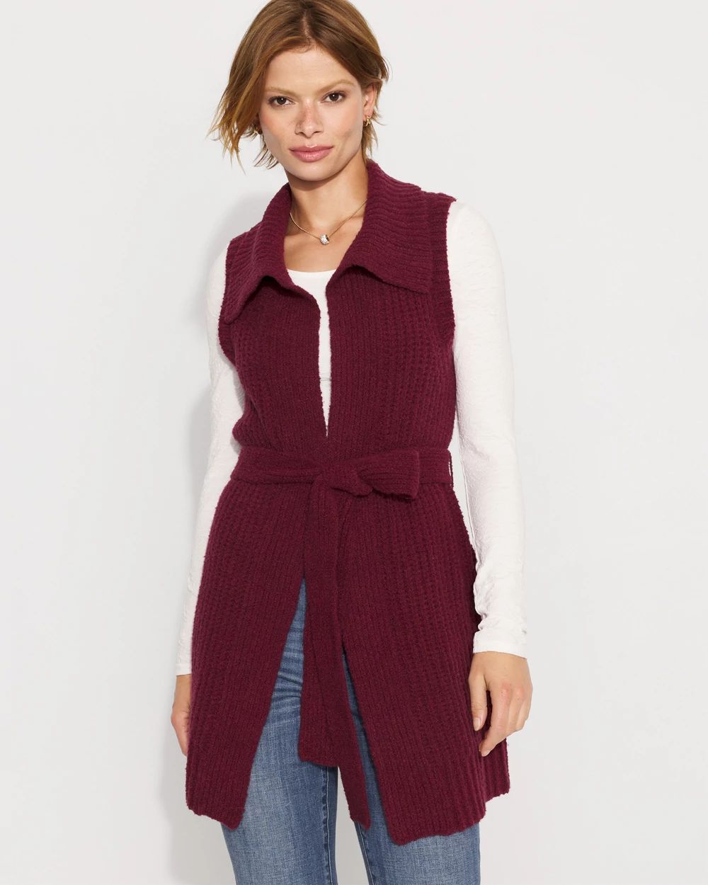 Bouclé Sleeveless Tie-Waist Sweater Vest