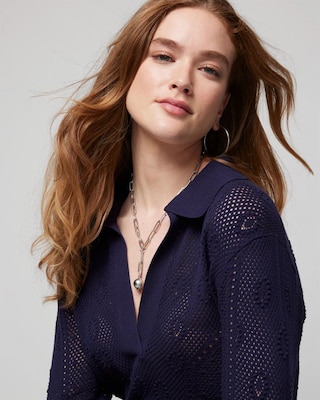Stitchy V-Neck Polo Collar Pullover