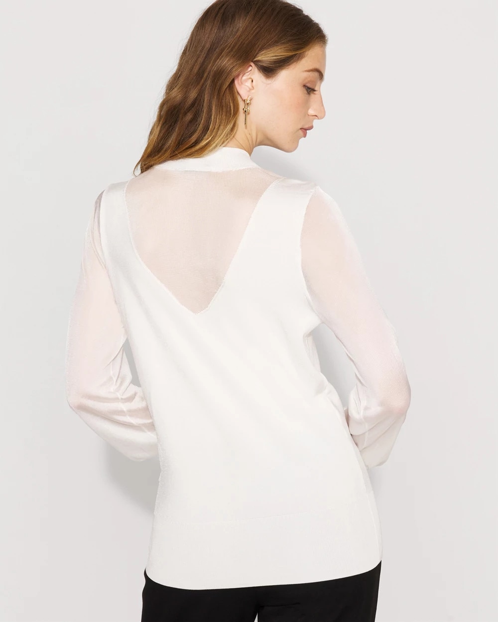 Sheer Sleeve Mockneck Pullover Sweater