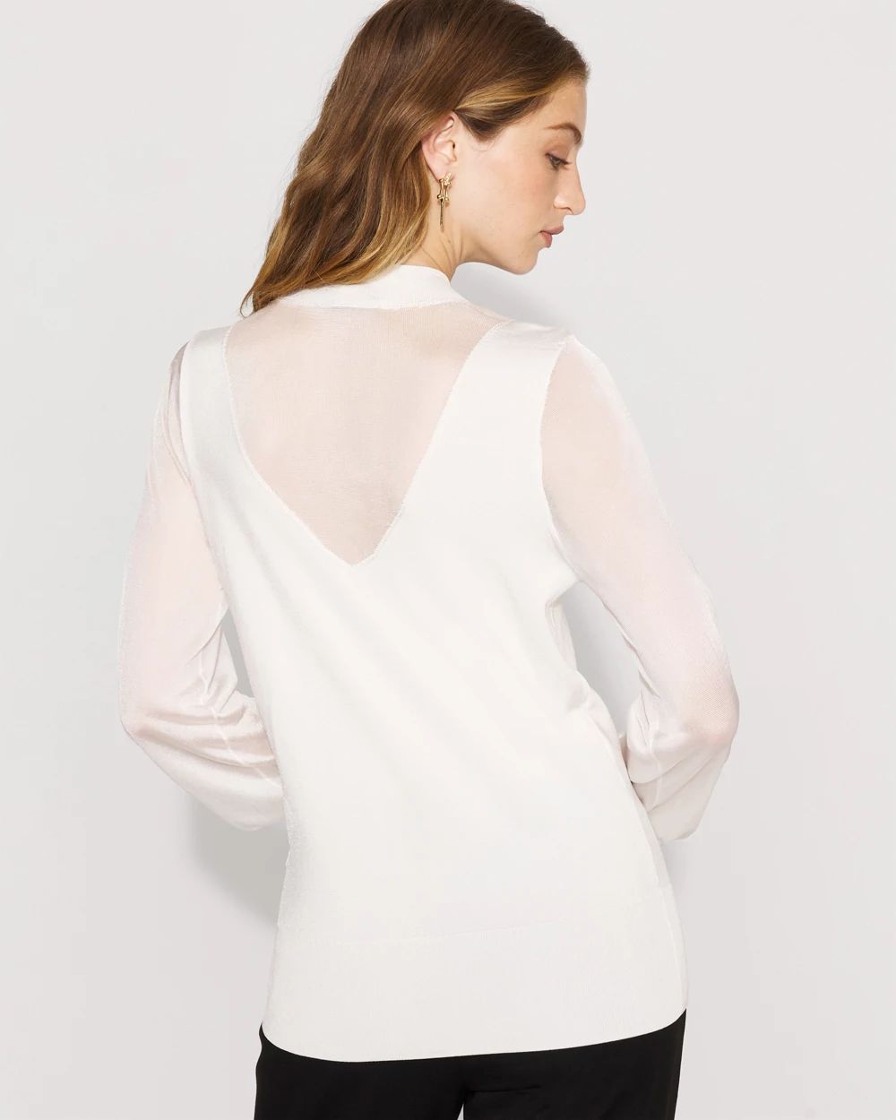 Sheer Sleeve Mockneck Pullover Sweater click to view larger image.