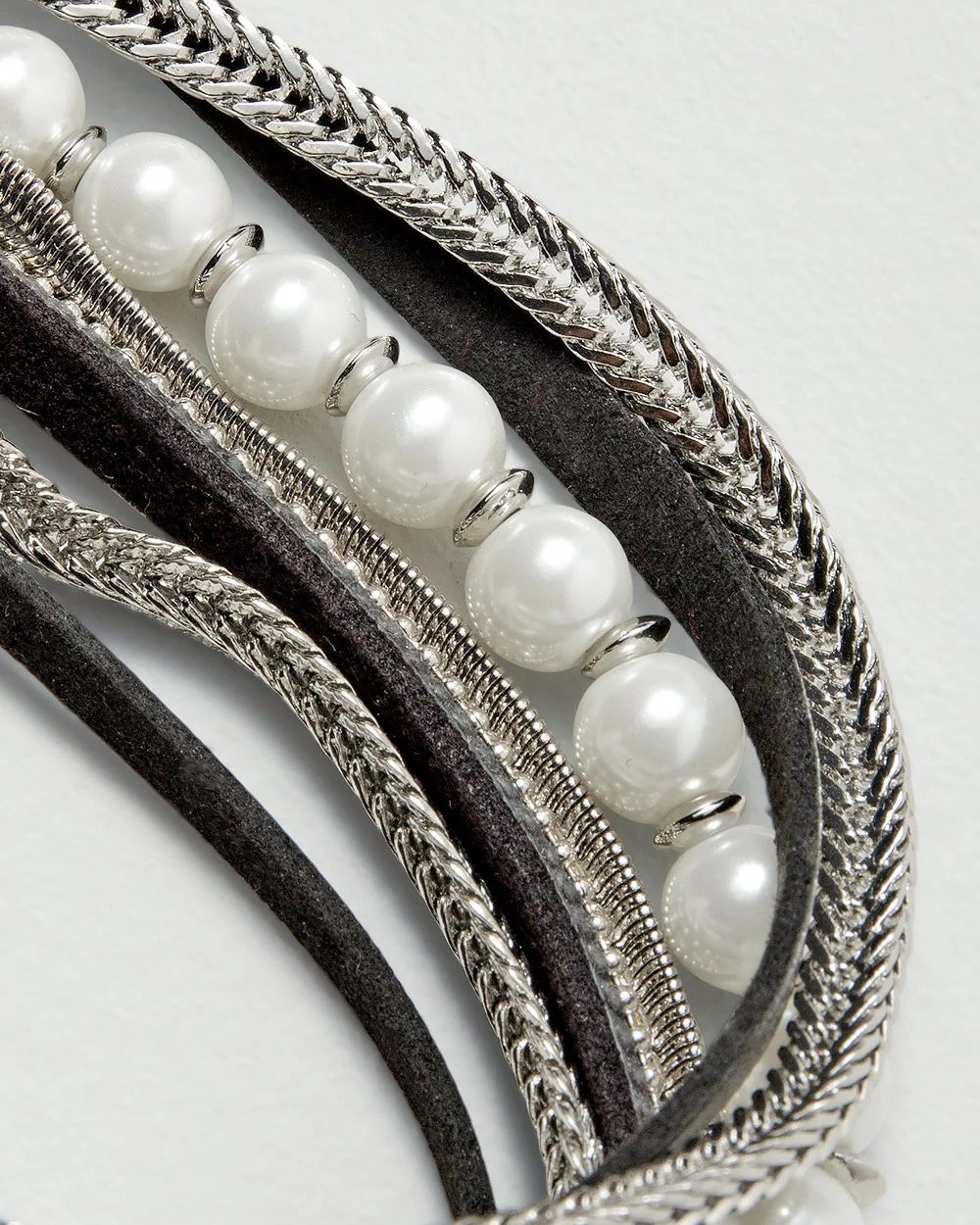 Multi-Row Glass Pearl, Leather & Chain-Link Bracelet