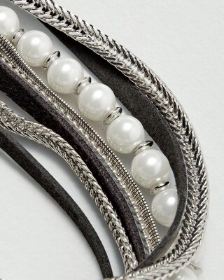 Multi-Row Glass Pearl, Leather & Chain-Link Bracelet