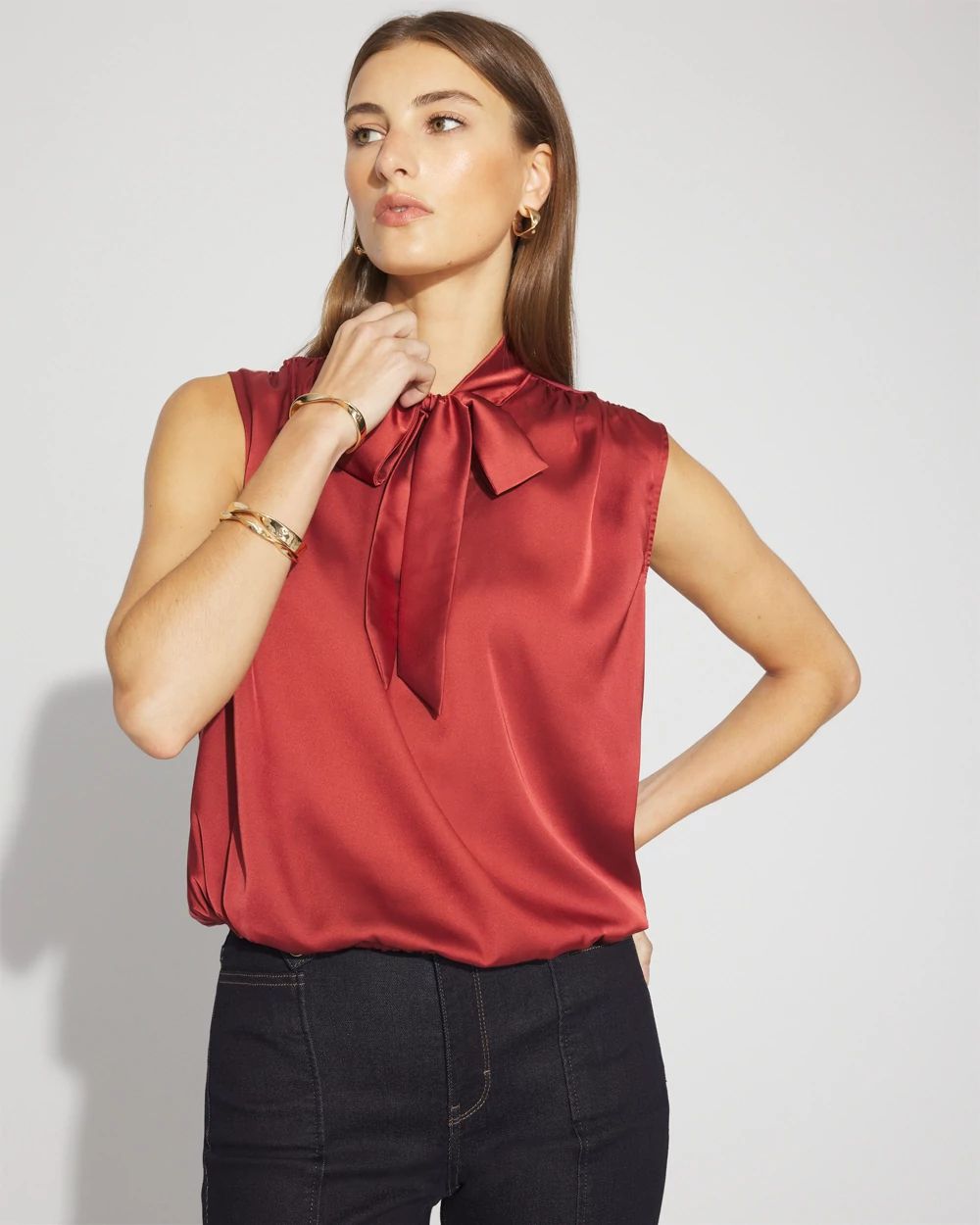 Bubble Hem Tie-Neck Shell