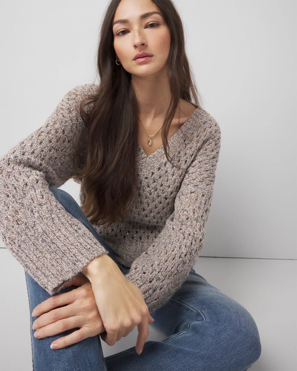 V-Neck Open Stitch Sequin Sweater click to view larger image.