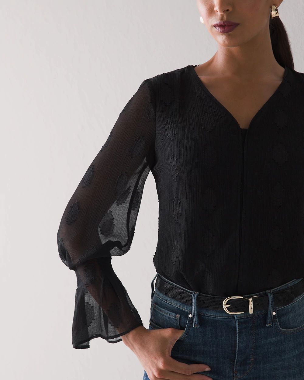 Long Sleeve V-Neck Clip Dot Blouse
