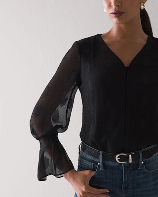 Long Sleeve V-Neck Clip Dot Blouse