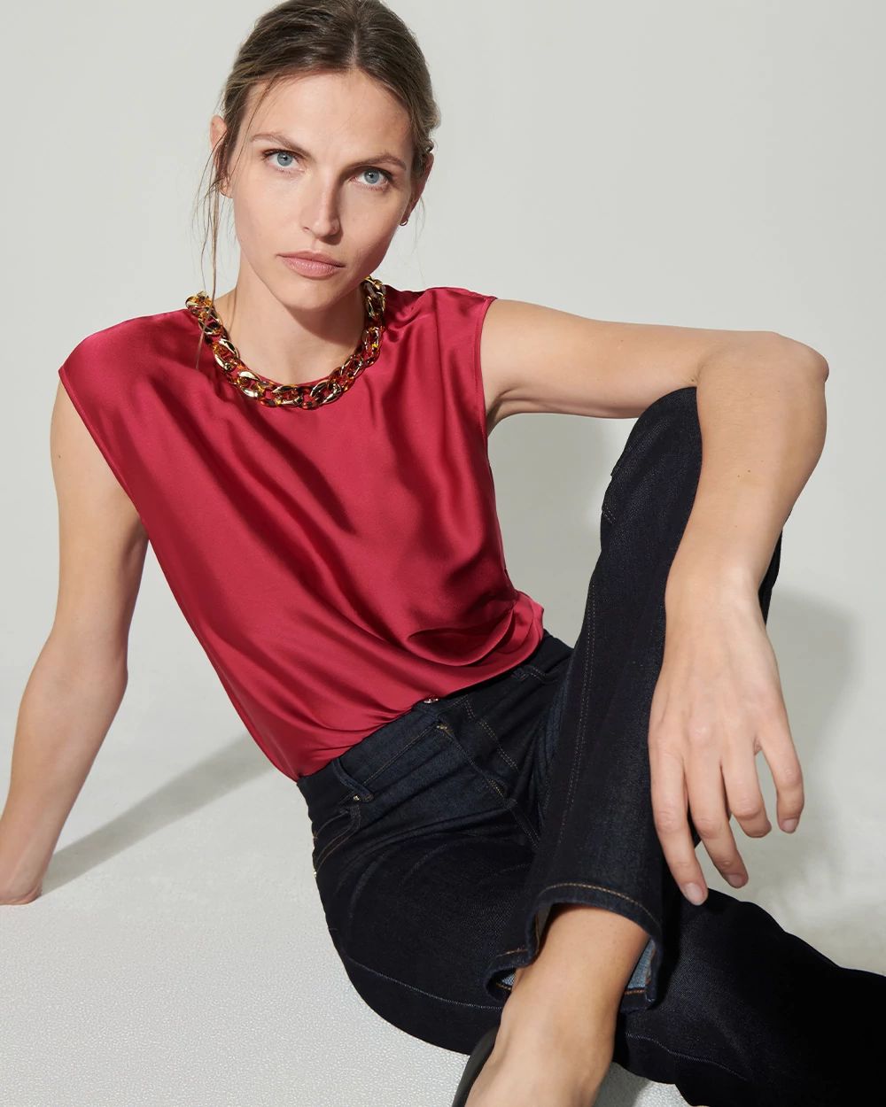 Satin Top with Tortoise Chain Necklace