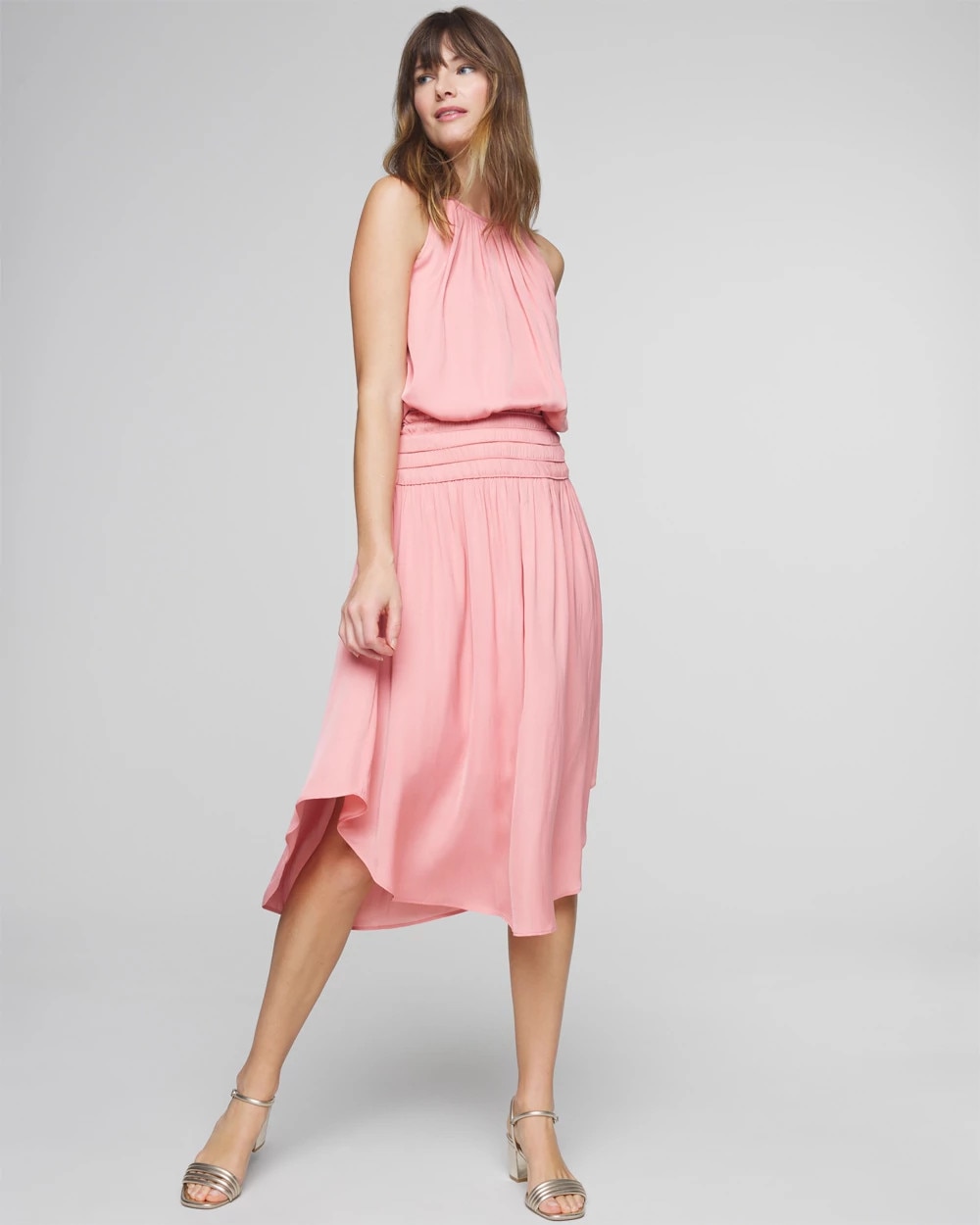 High-Neck Smocked Midi Dress
