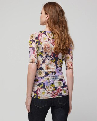 Elbow Sleeve Printed Mesh Ruched Tee