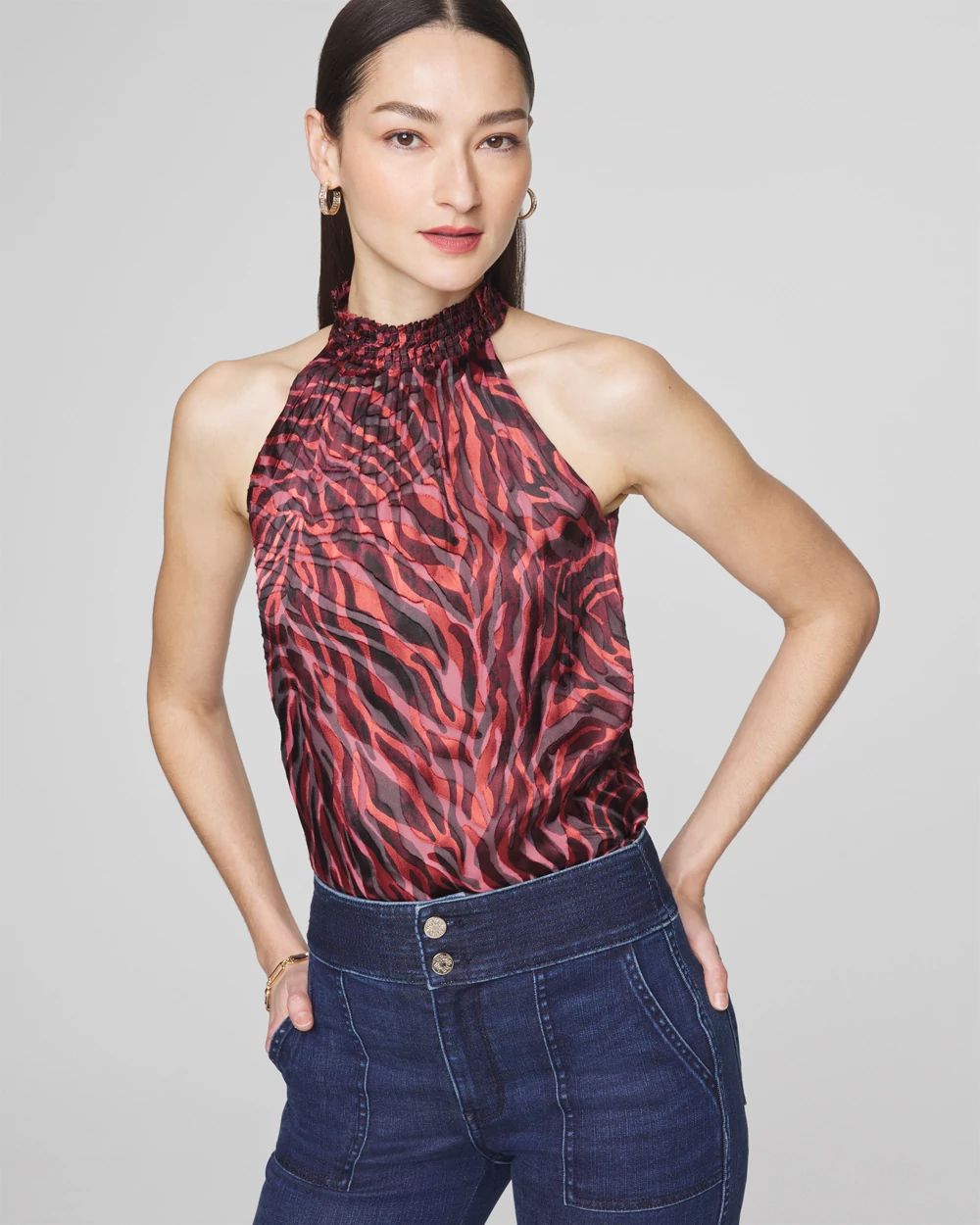 Sleeveless Pleated Neck Halter Top