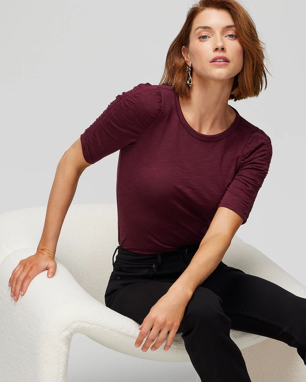 Shirred Sleeve Crewneck Tee