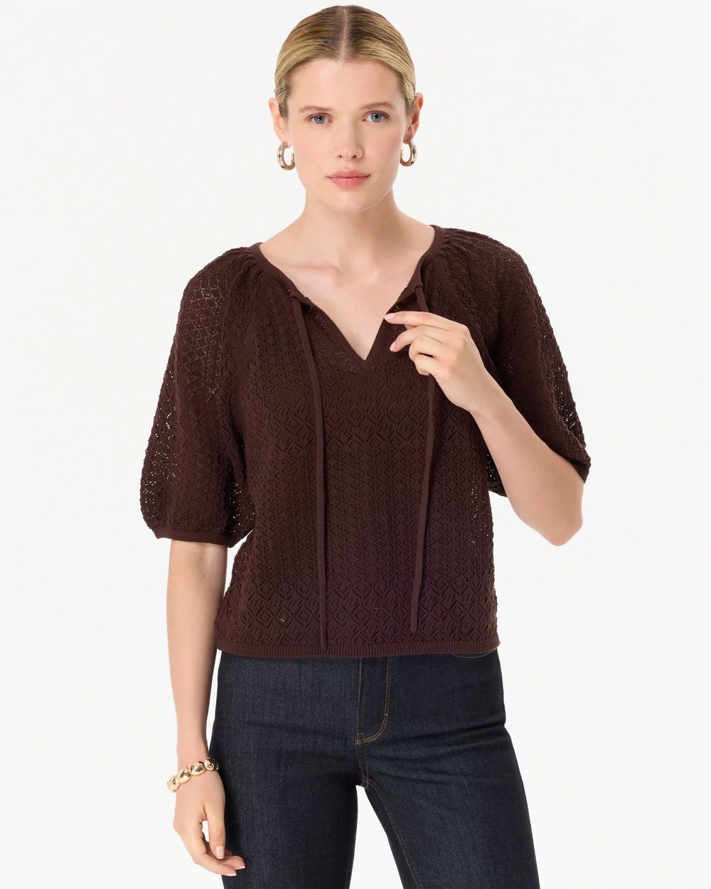 Pointelle Knit Puff Sleeve Pullover