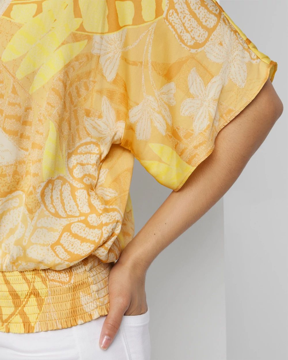 Elbow-Sleeve Smocked Bottom Kimono click to view larger image.