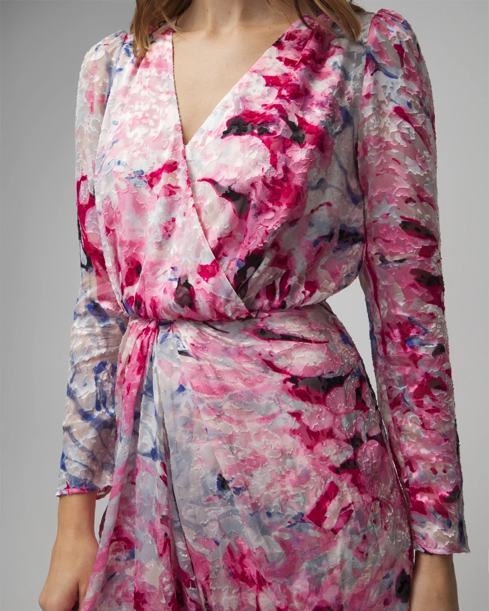 Long Sleeve Burnout Ruched Front Midi Dress