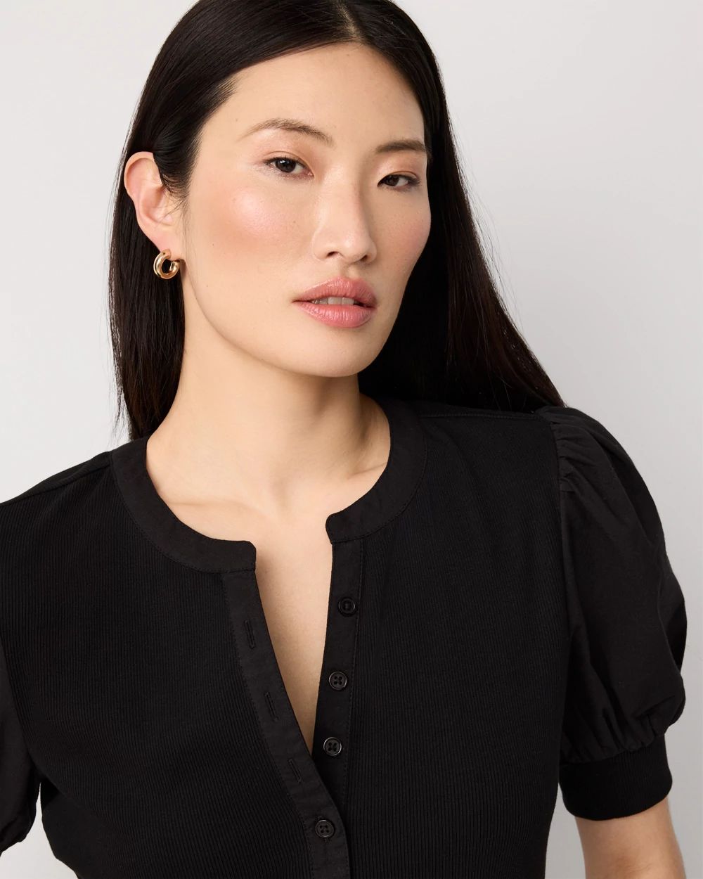 Poplin Puff Sleeve Henley Top click to view larger image.