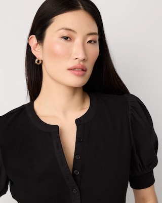 Poplin Puff Sleeve Henley Top click to view larger image.