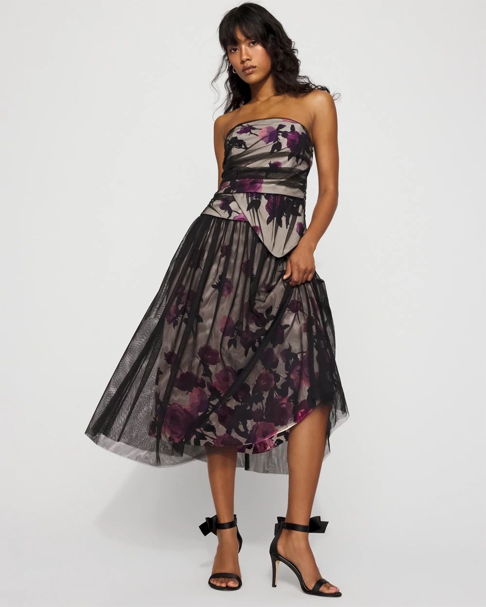 Tulle Overlay Floral Midi Skirt