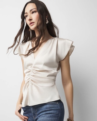 Ruched Front Flutter Sleeve Shell Top