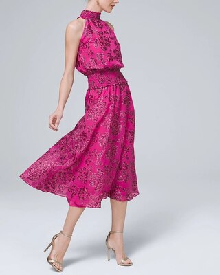 Floral Burnout Smocked-Neck Midi Dress
