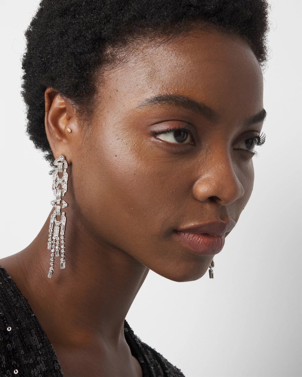 Art Deco Silvertone Crystal Linear Earrings